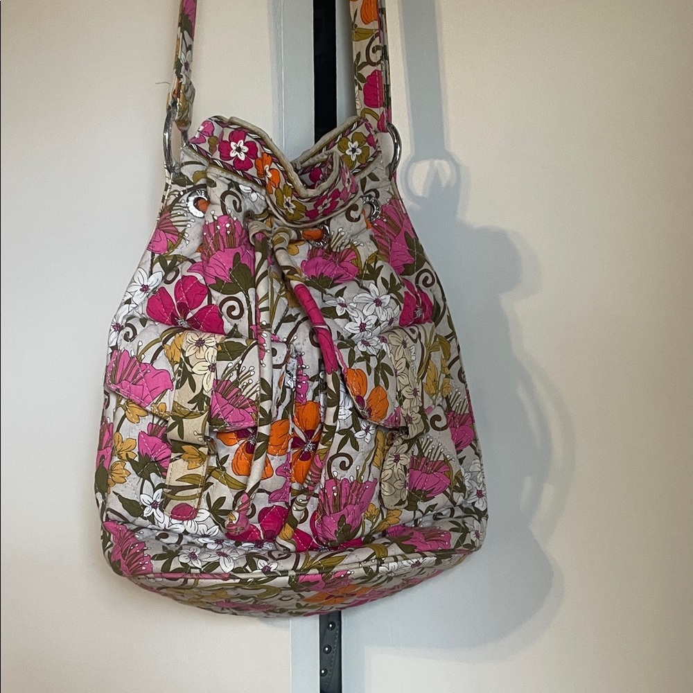 Vera Bradley Floral Pink and Orange Drawstring Crossbody Bag